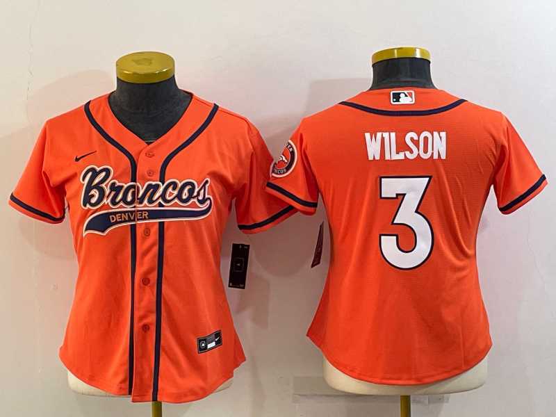 Women%27s Denver Broncos #3 Russell Wilson Orange With Patch Cool Base Stitched Baseball Jersey
